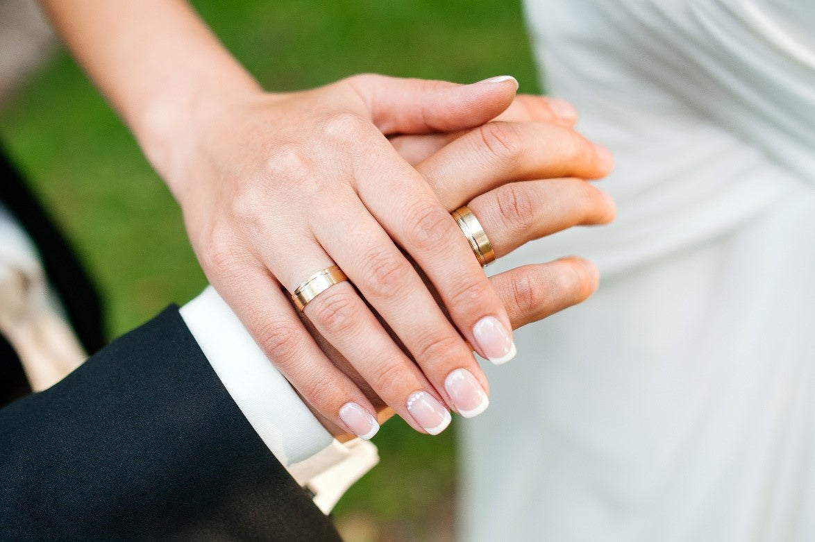 Husband and wife hands with marriage wedding rings on fingers Stock Photo |  Adobe Stock
