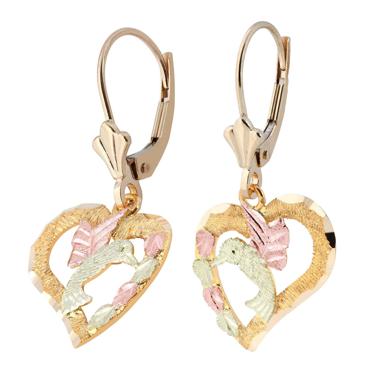 Gold Diamond Cut Dangling Heart Hummingbird Earrings
