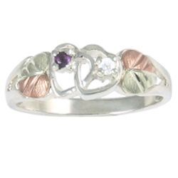 Black Hills Gold Silver Birthstone Double Heart Leaf Ring